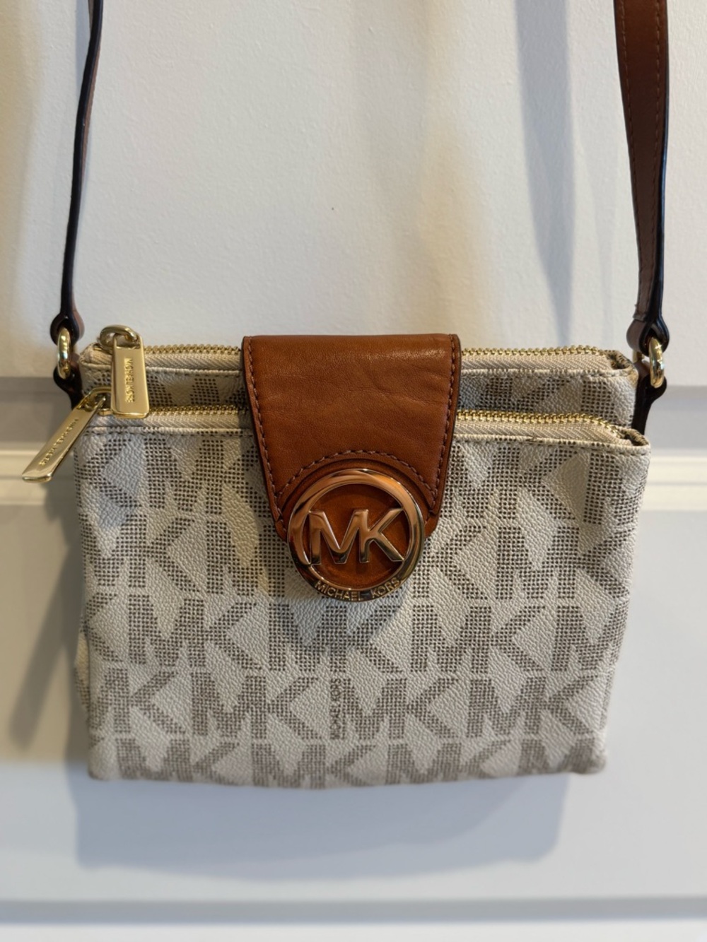 Michael Kors MK Logo Crossbody Bag with Brown Leather Trim